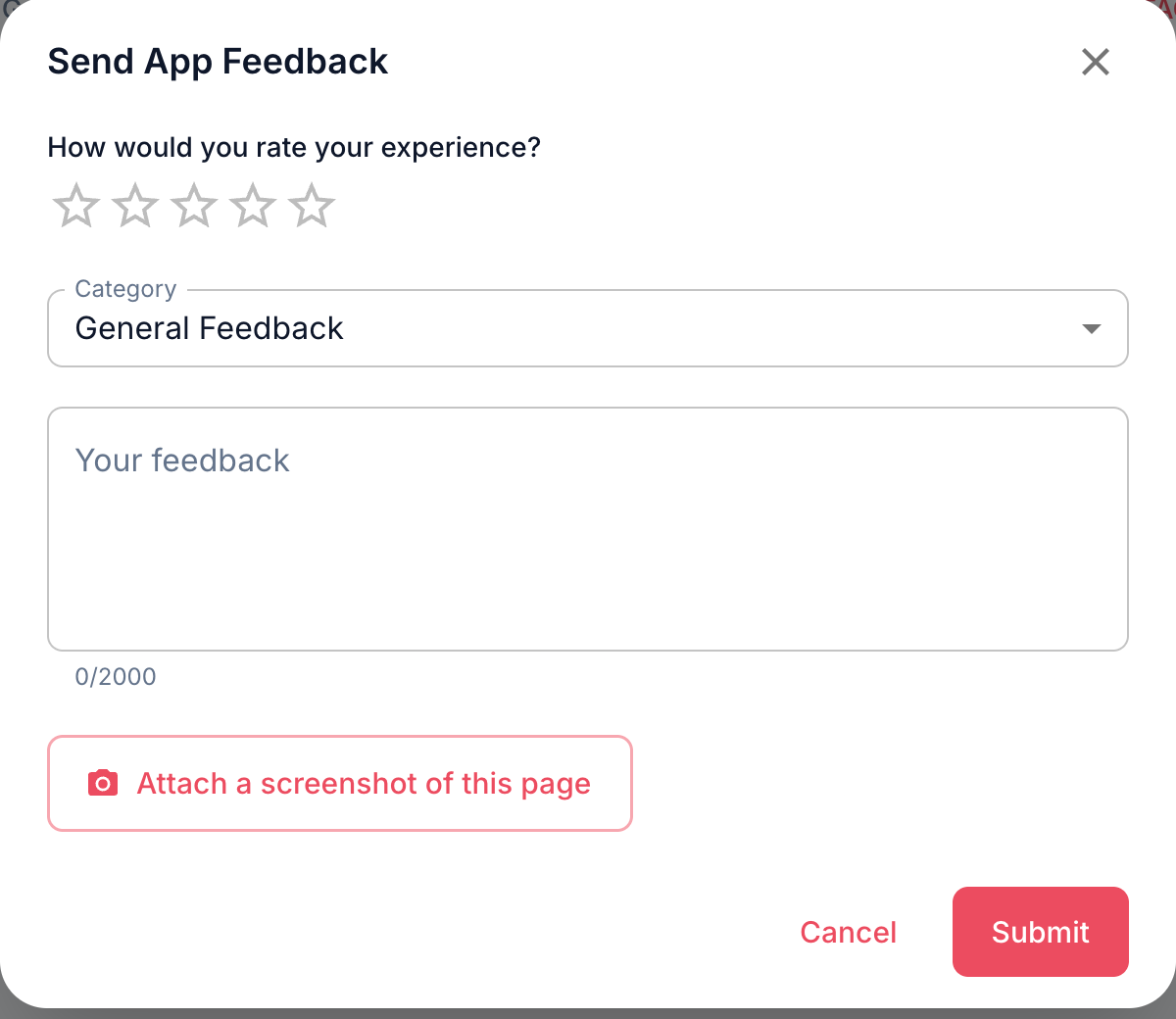 The Send App Feedback dialog