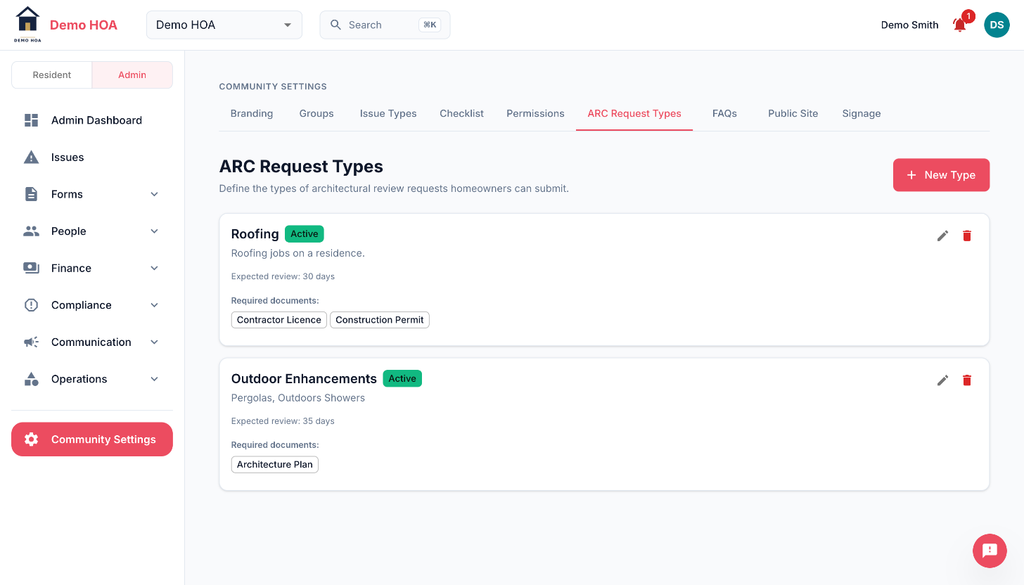 ARC request types with required documents