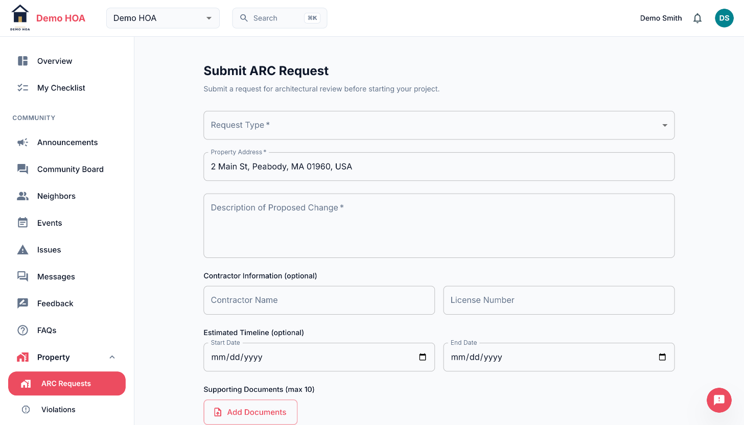 The submit ARC request form