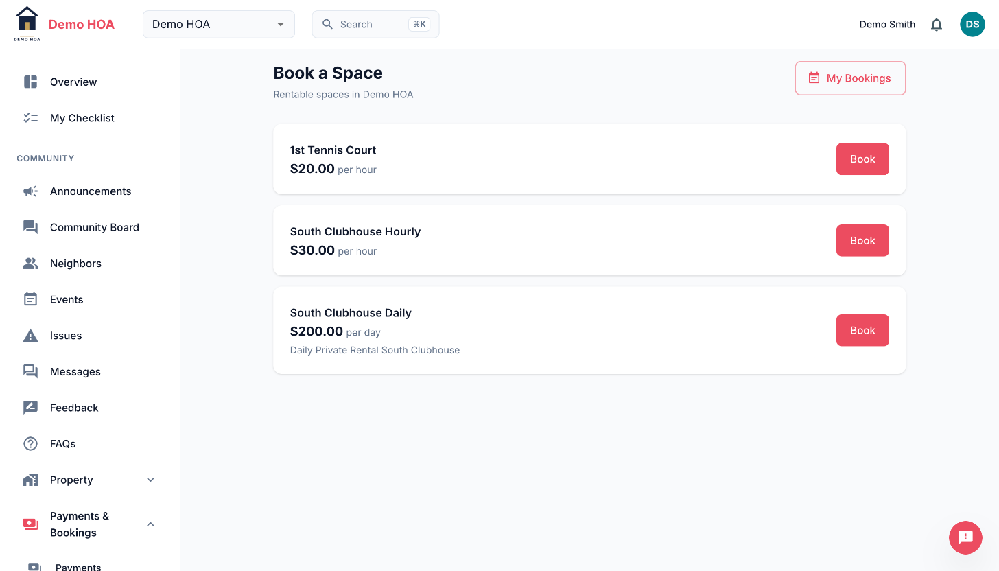 Three bookable spaces with hourly and daily pricing