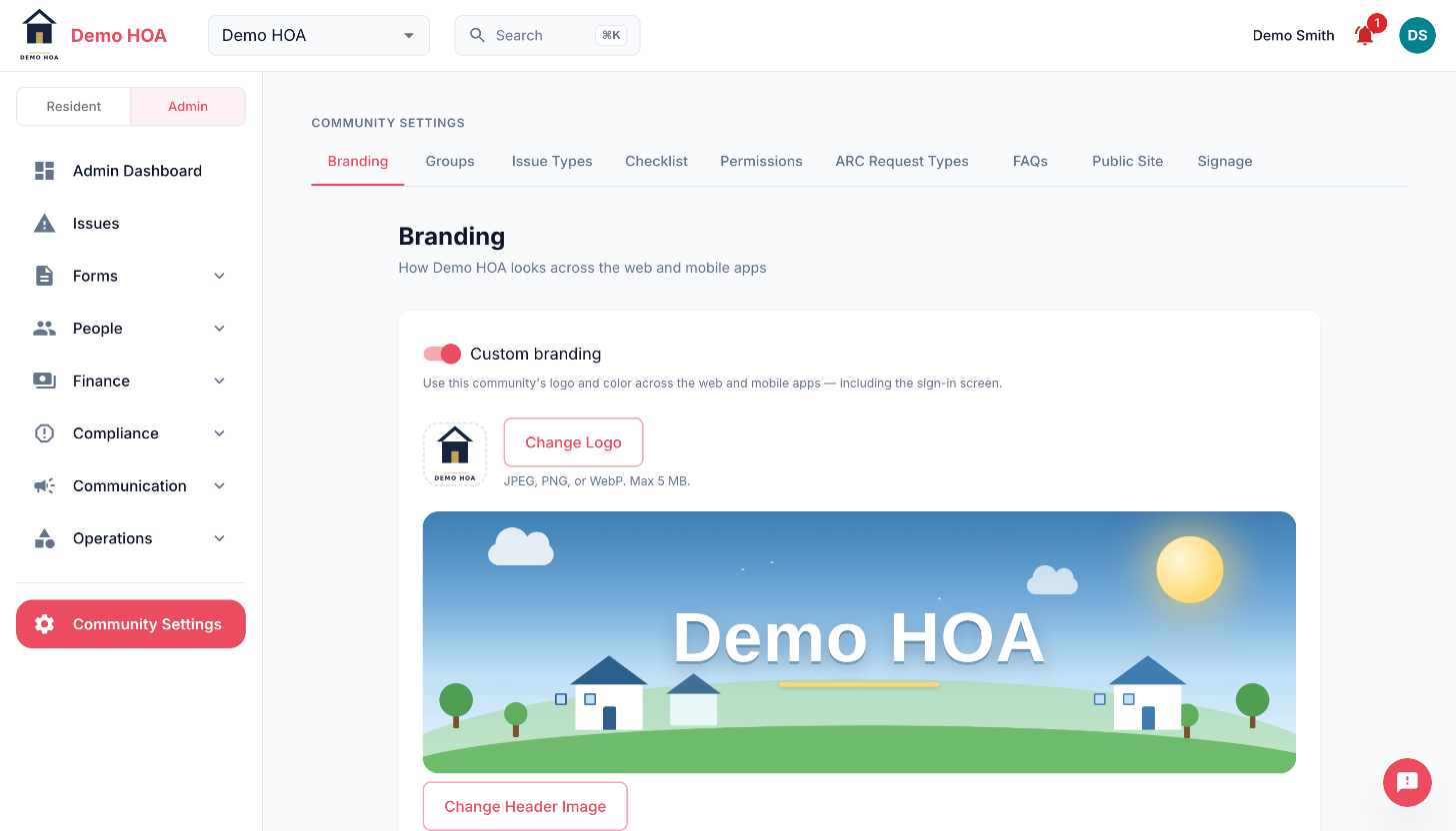 The branding page with logo and header image
