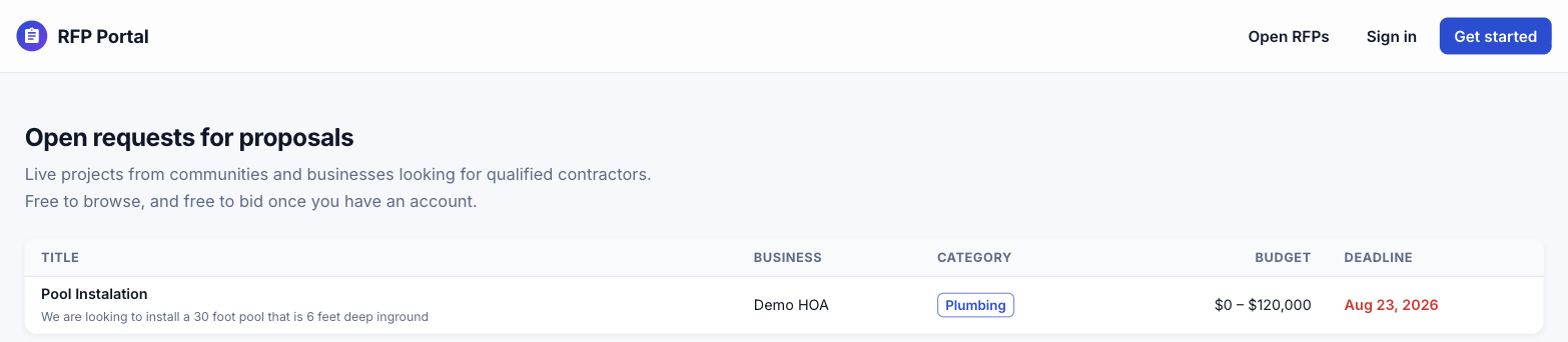 The open RFP list on the portal