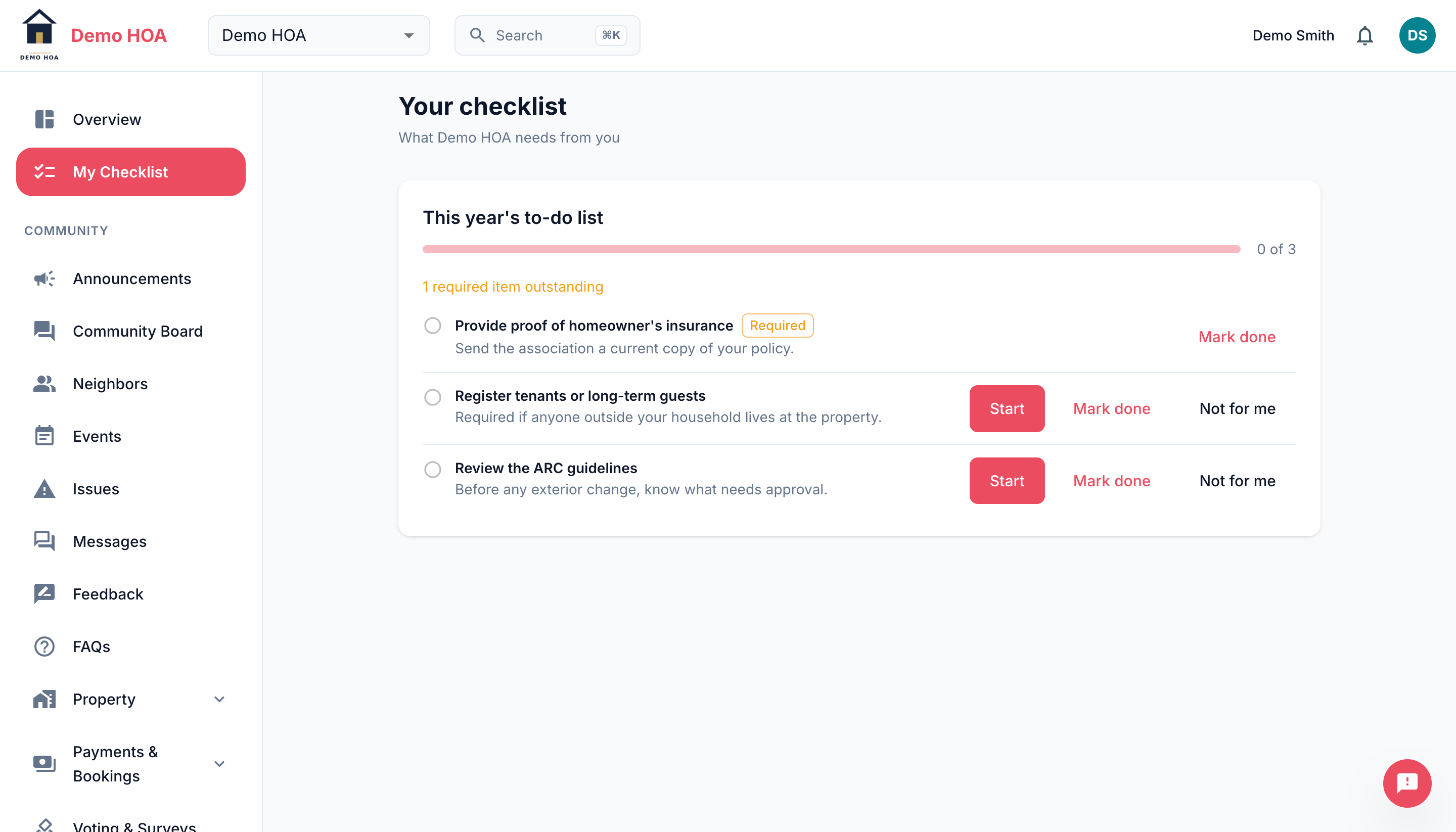 A resident checklist with three outstanding items