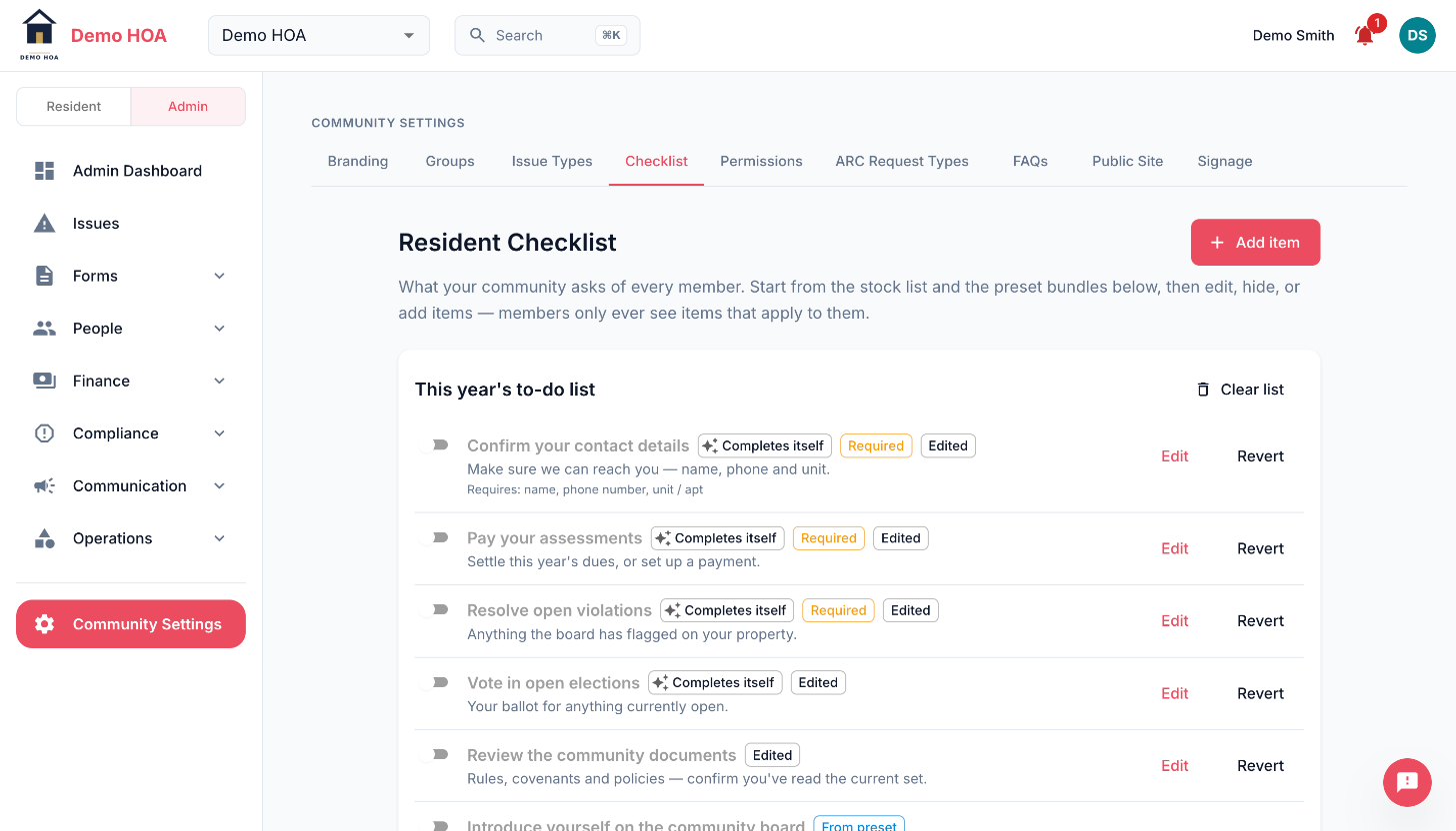 The checklist template editor