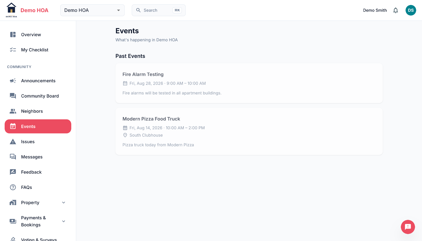 The events list showing two past events