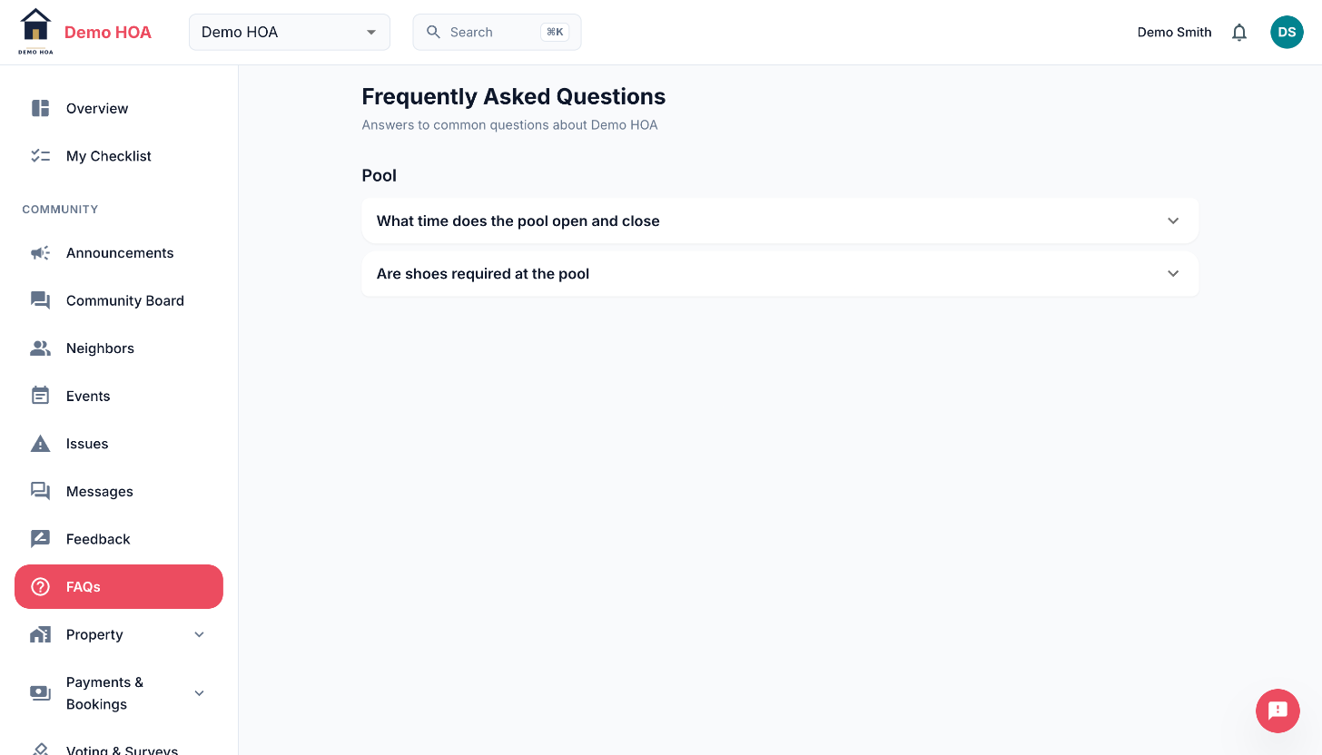 FAQs grouped under a Pool category