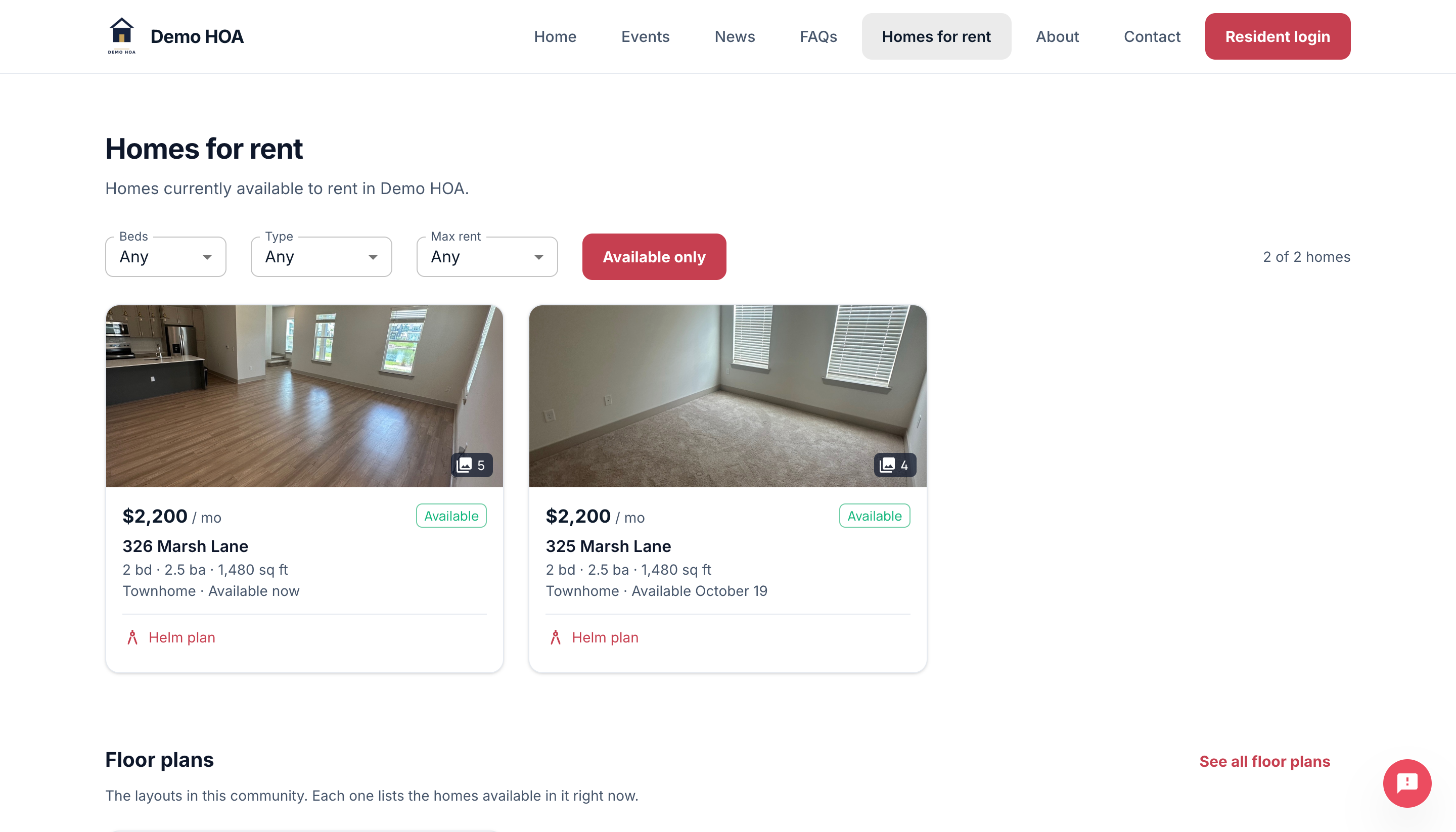 A community public site showing homes for rent
