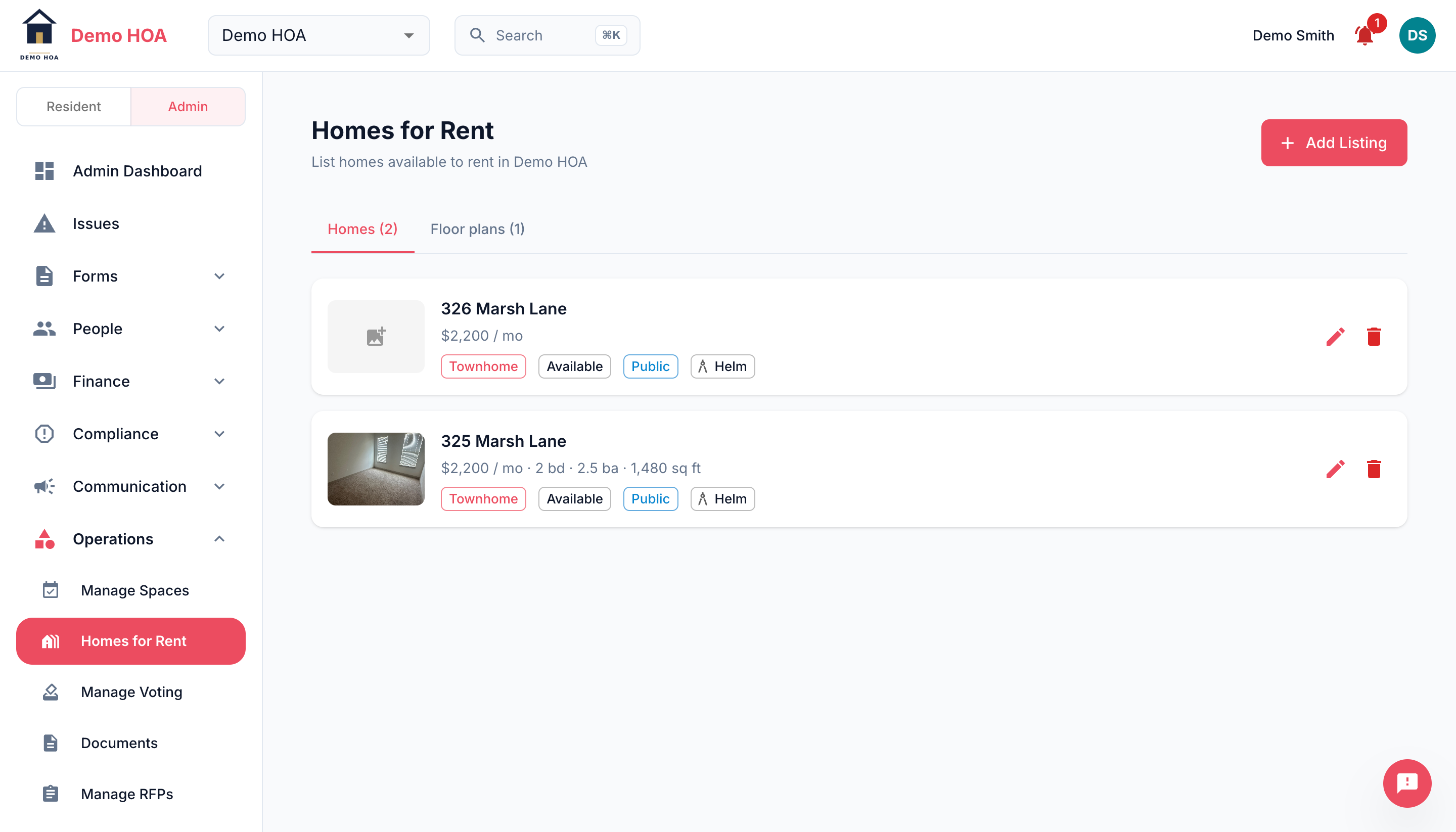 The admin listing list