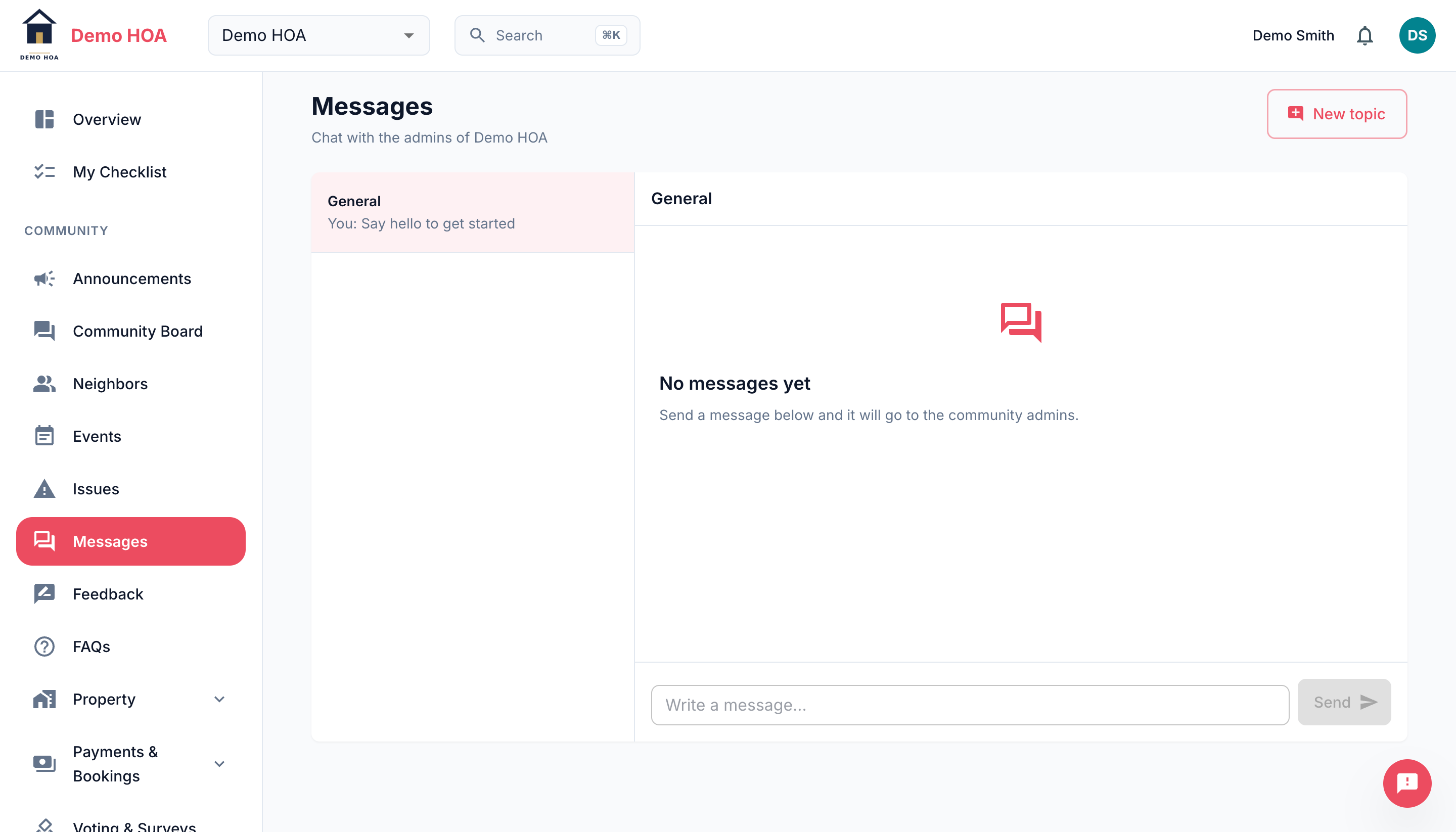 The messages page with the General topic selected