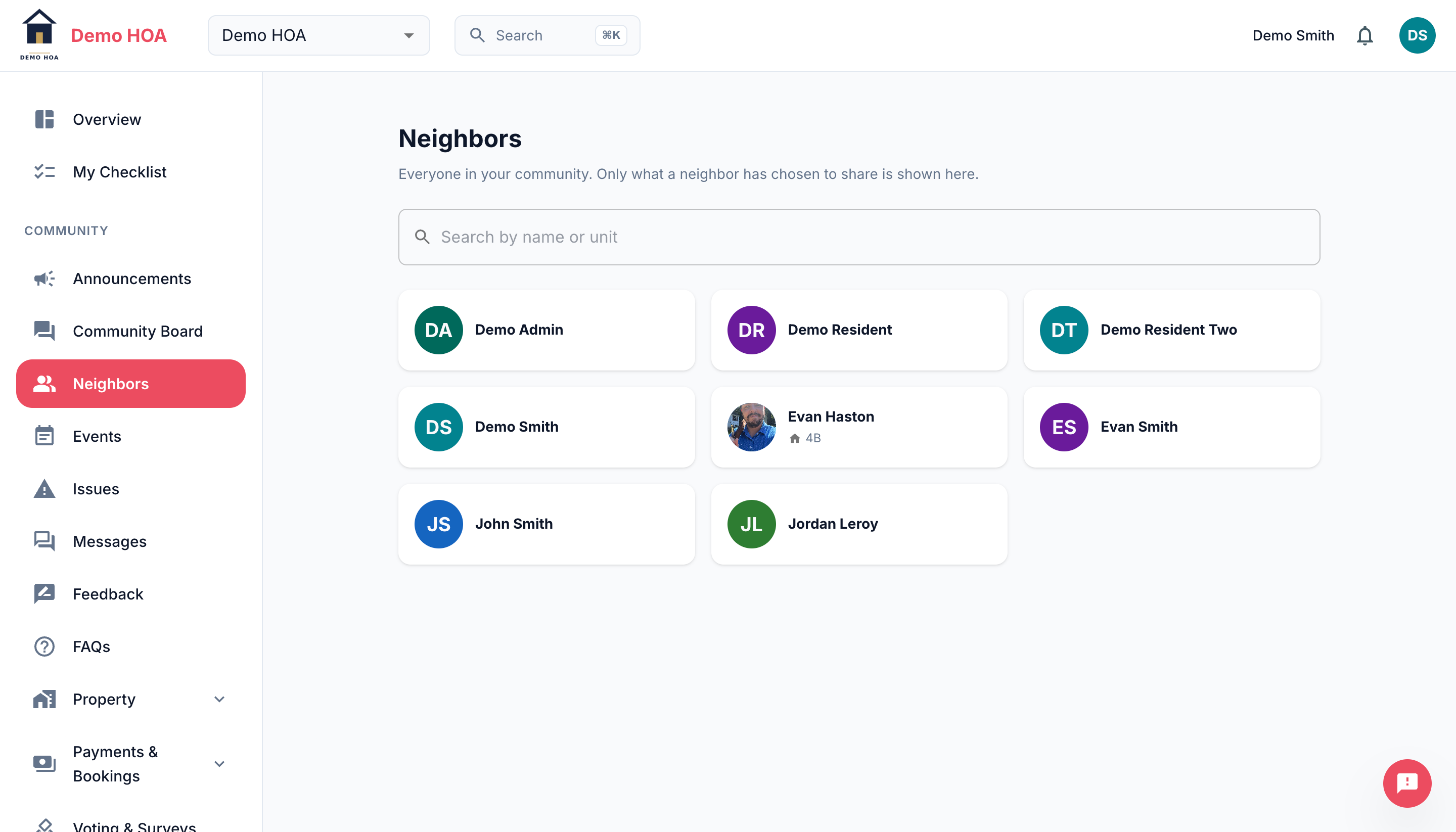 The neighbors directory showing member cards