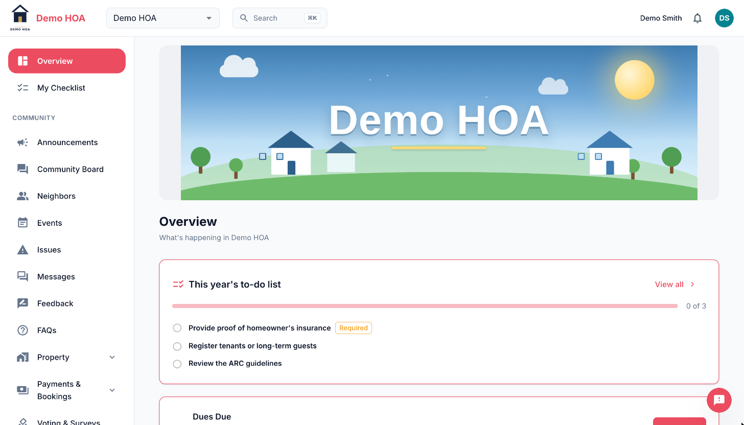 The Overview page for a community called Demo HOA