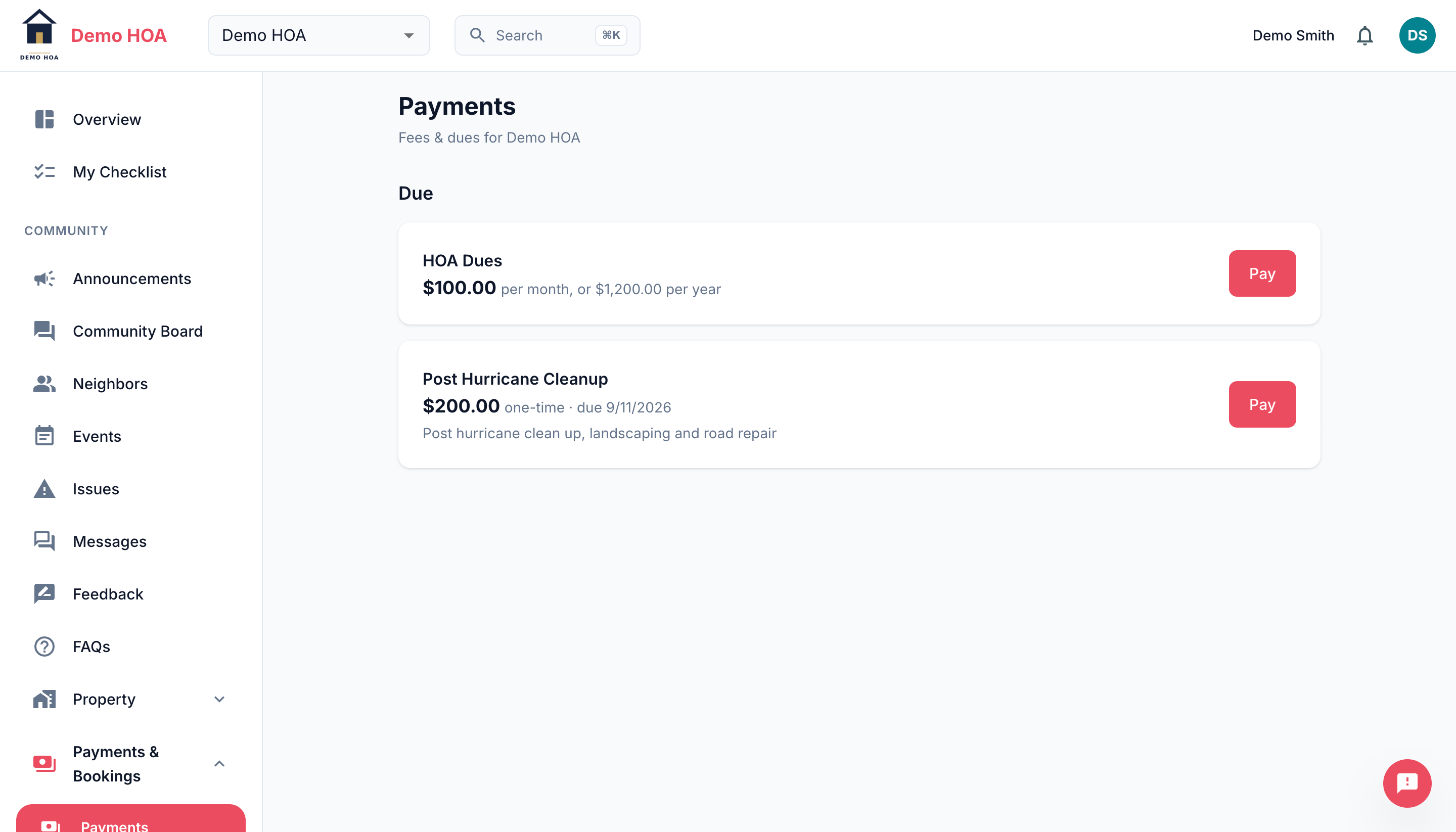 The payments page showing dues and a one-time assessment