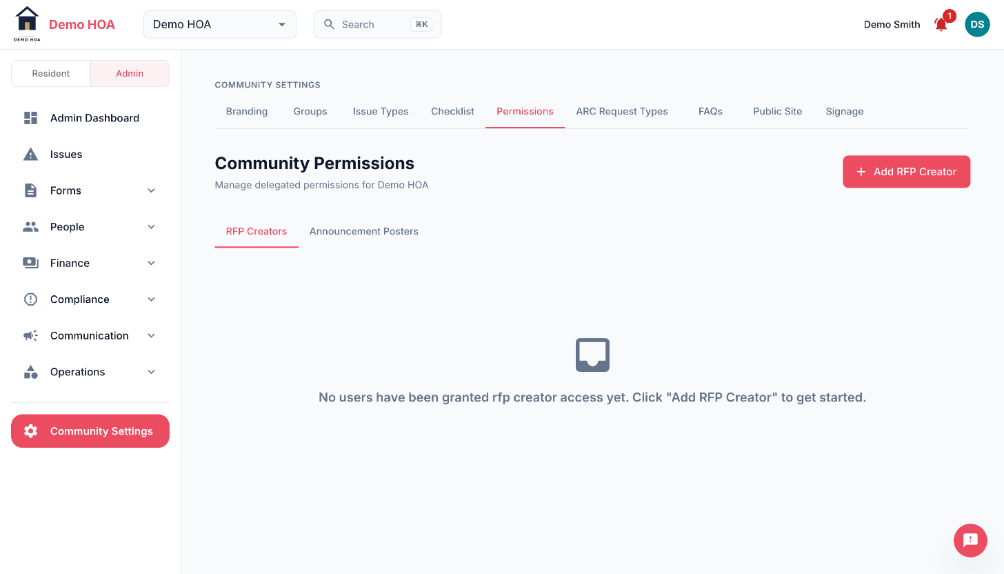 The community permissions page