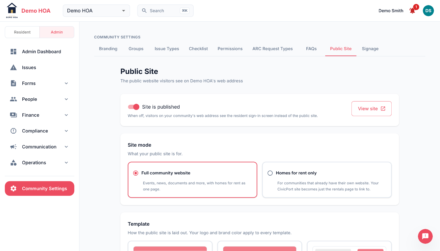 The public site settings with the published toggle and site mode