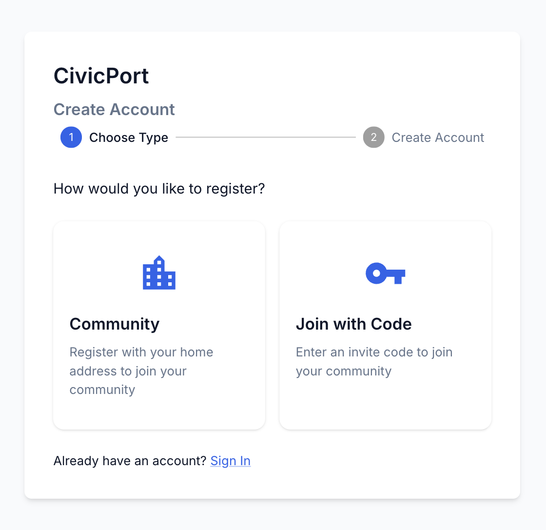 The registration screen offering community or join code