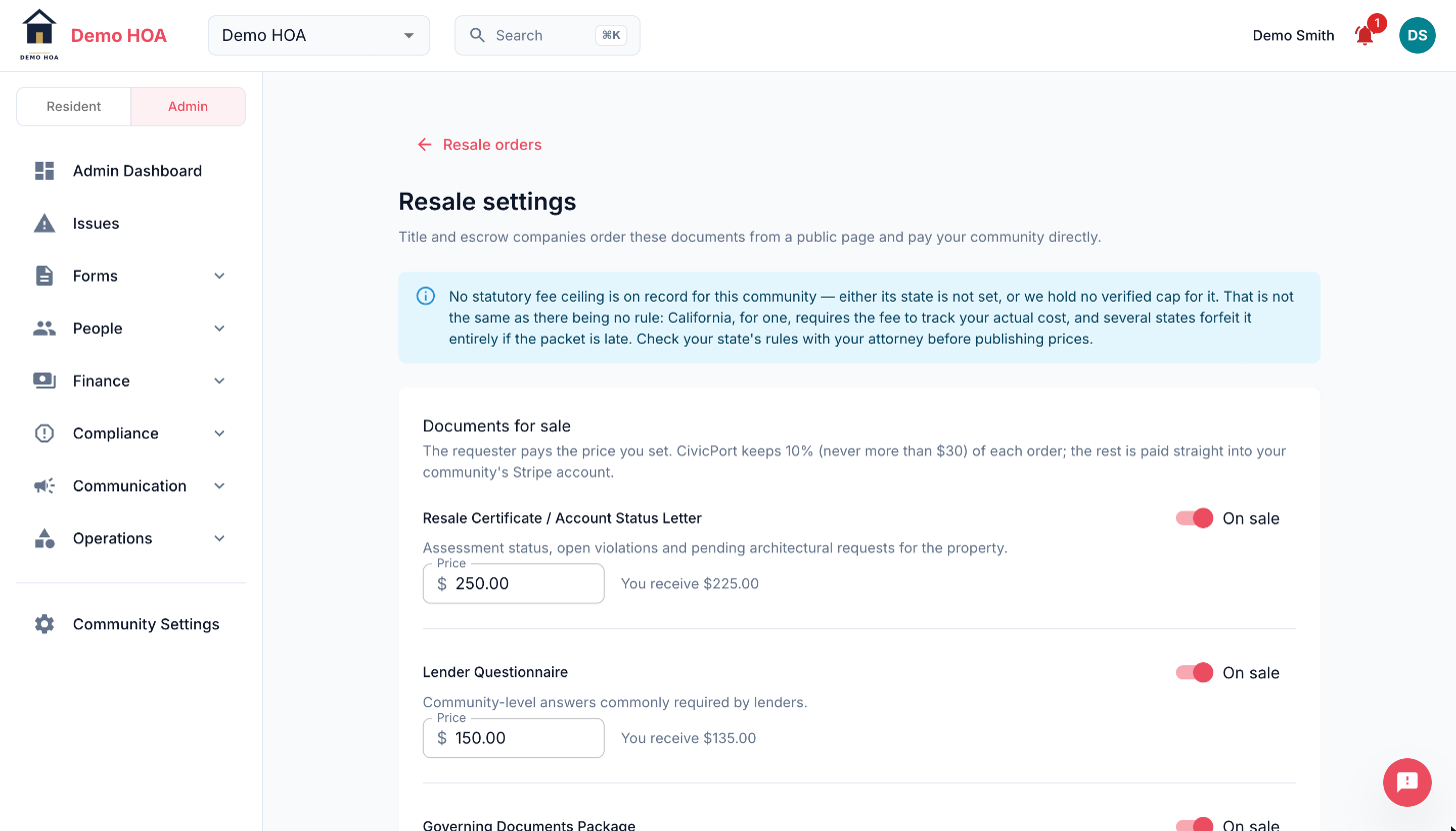 Resale settings showing prices and net per product