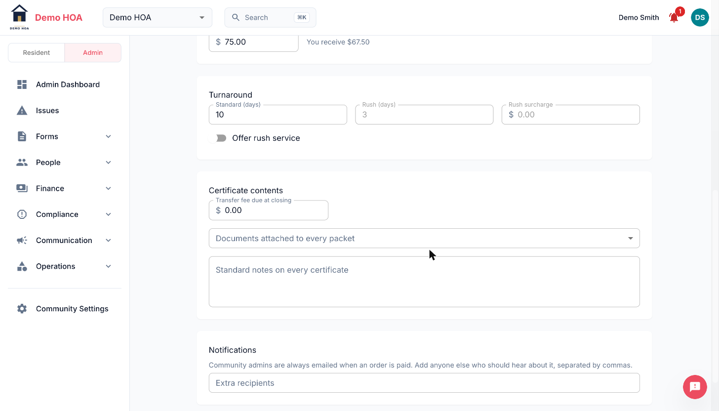 Turnaround, certificate contents and notification settings