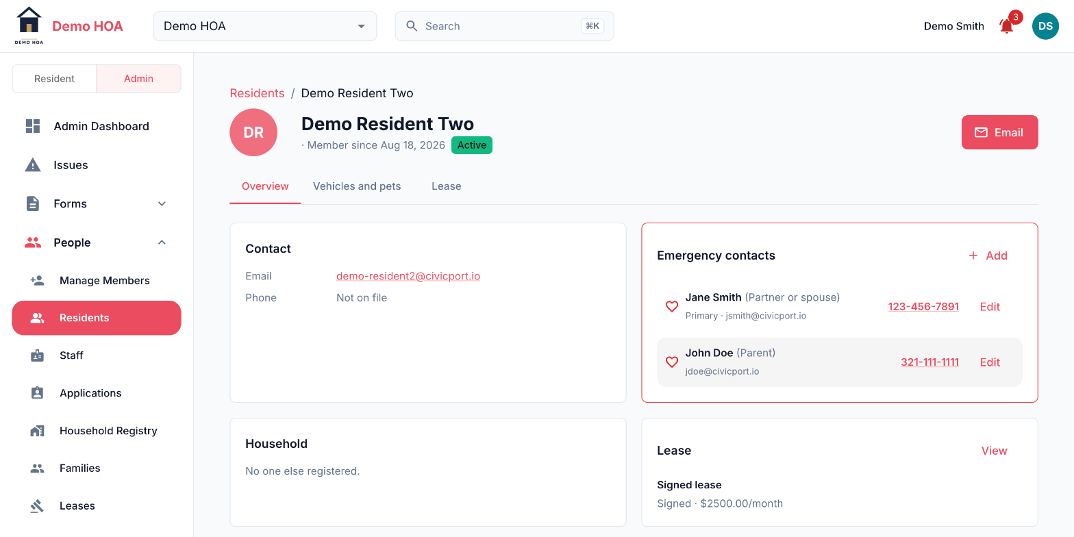 A resident profile on the Overview tab