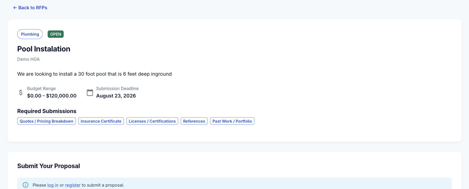 An RFP detail page showing required submissions