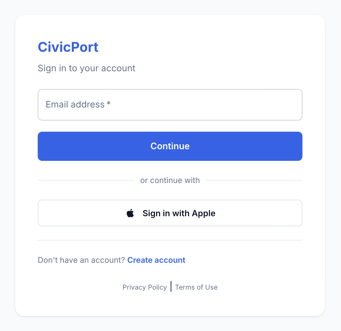 The sign-in card asking only for an email address