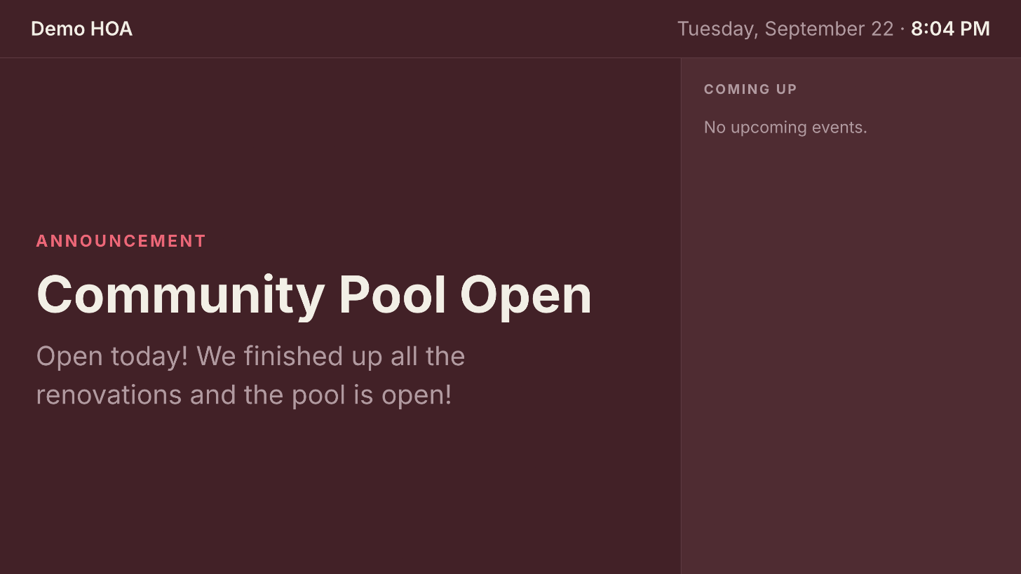 A lobby screen showing an announcement and an events rail