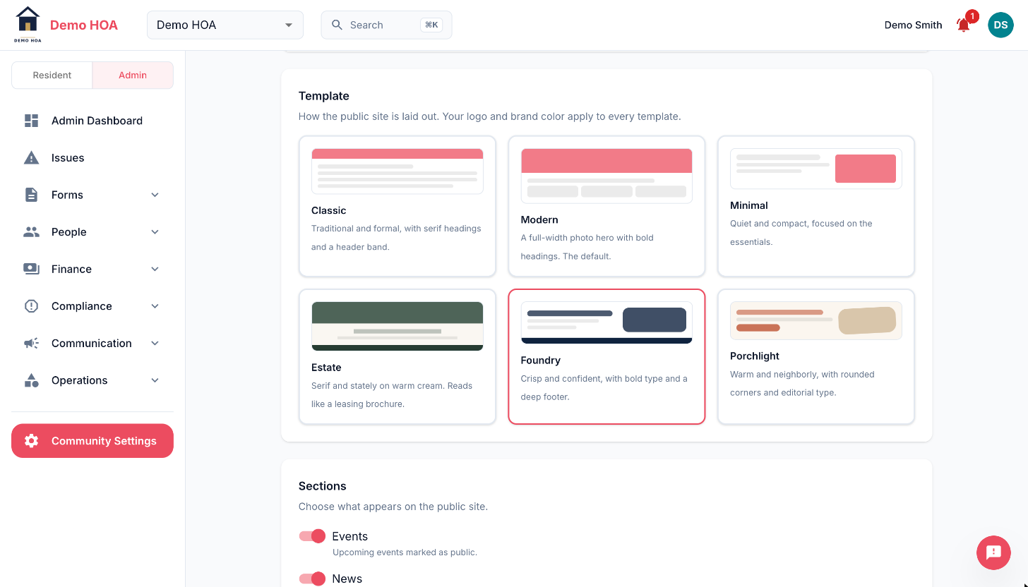 The template picker showing all six templates