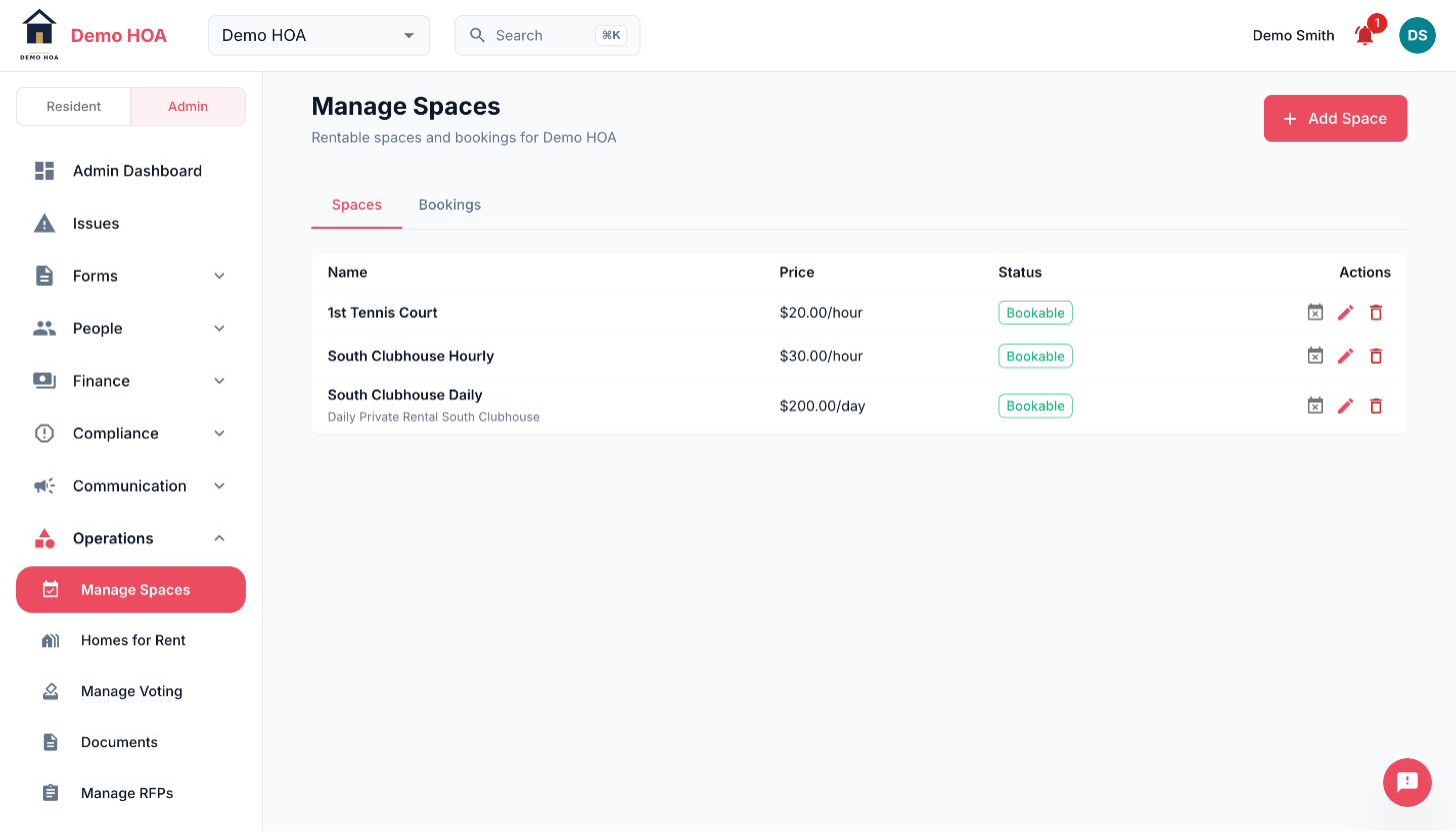 The spaces list showing hourly and daily pricing